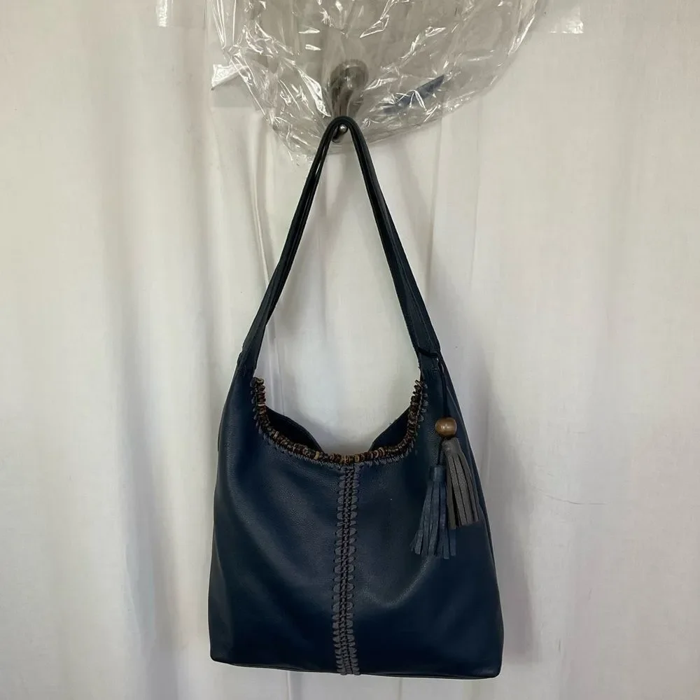 The Sak Women's Blue Huntley Crochet Trim Leather Tassel Hobo Bag